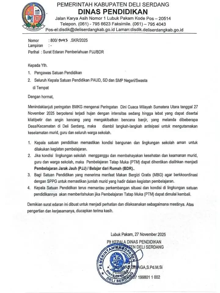 Dinas Pendidikan Deli Serdang Terbitkan Surat Edaran: Sekolah Dialihkan ke PJJ/BDR